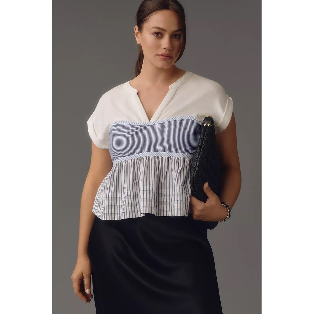 Pilcro Anthropologie Women's Small Mixed Stripe Babydoll Top White Blue Oversize